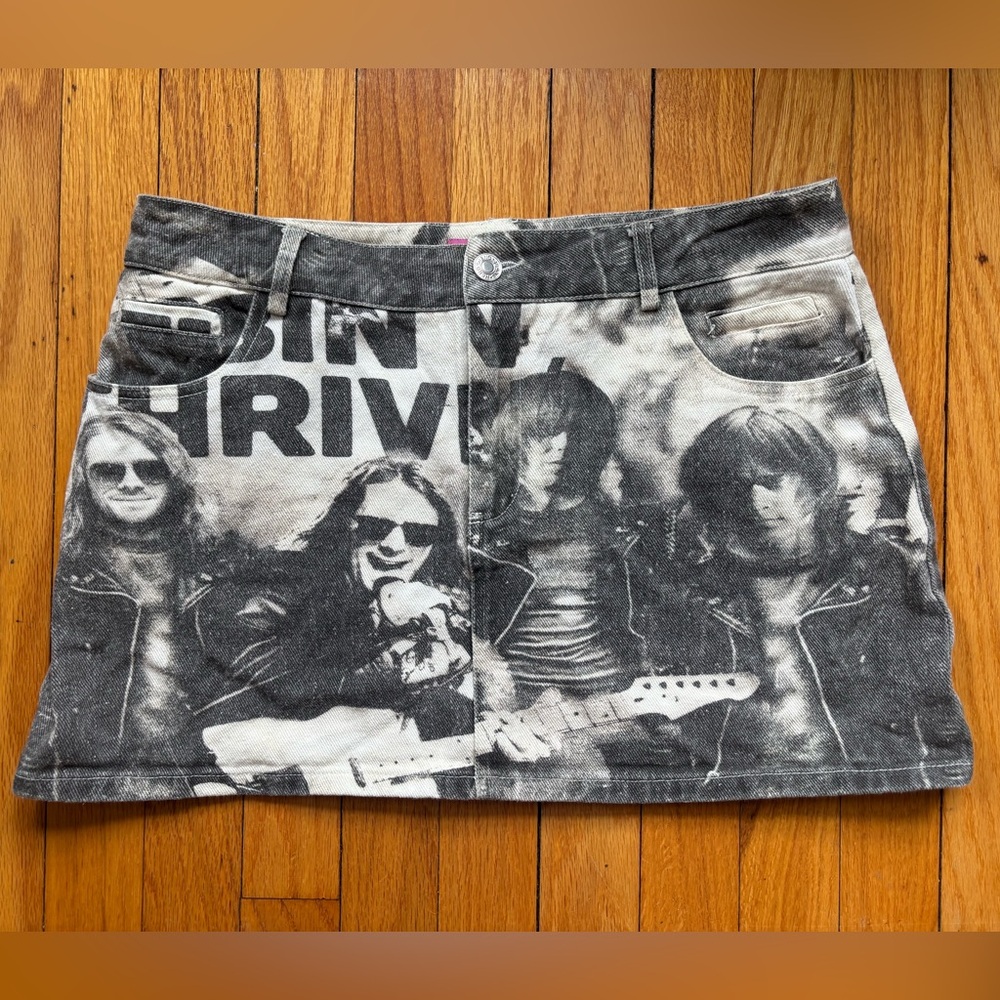 Edikted Graphic Print Denim Skirt - Black and Gray